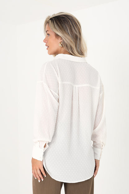 Brave Soul Cream Long Sleeve Dobby Chiffon Shirt - Cream Image 2