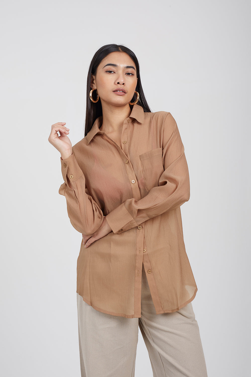 Brave Soul Beige Relaxed Fit Long Sleeve Shirt - Beige Image 1