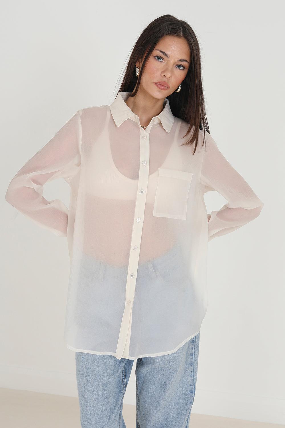 Brave Soul Cream Relaxed Fit Long Sleeve Shirt - Cream Image 1