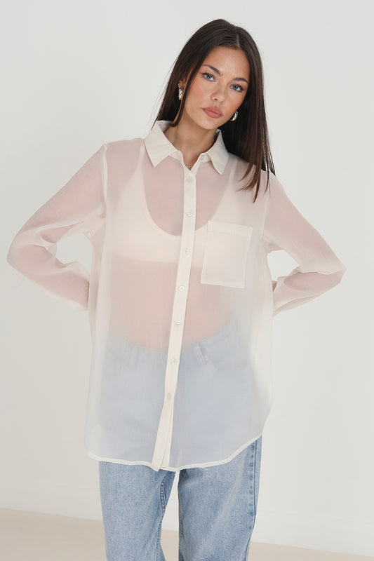 Brave Soul Cream Relaxed Fit Long Sleeve Shirt - Cream Image 1