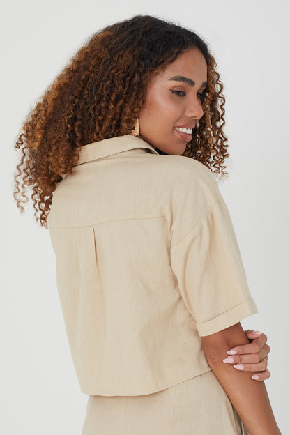 Brave Soul Light Sand Short Sleeve Cropped Shirt - Light Sand Image 4