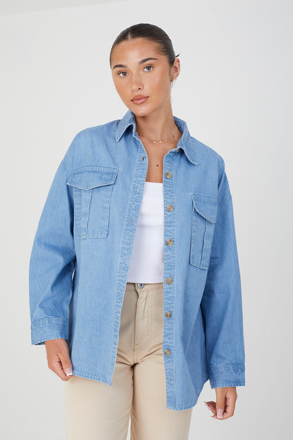 Brave Soul Blue Long Sleeve Chambray Shirt - Blue Image 1