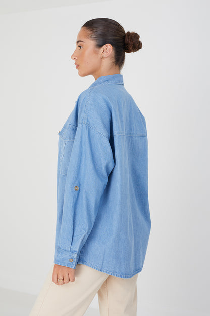 Brave Soul Blue Long Sleeve Chambray Shirt - Blue Image 2