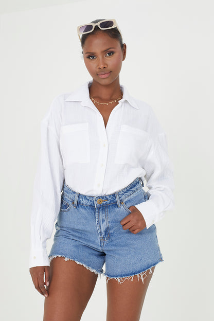 Brave Soul White Cotton Long Sleeve Classic Pocket Detail Shirt - White Image 2