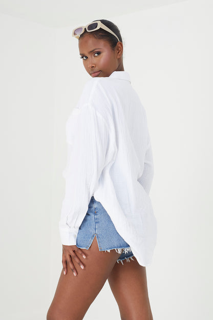 Brave Soul White Cotton Long Sleeve Classic Pocket Detail Shirt - White Image 3