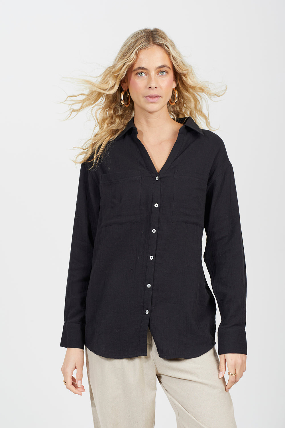 Brave Soul Black Cotton Long Sleeve Classic Pocket Detail Shirt - Black Image 1