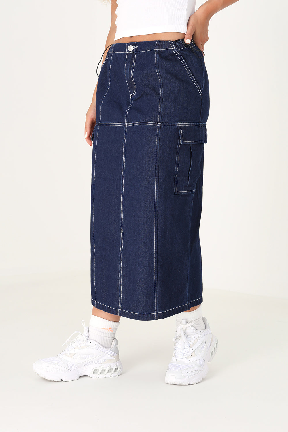 Brave Soul Indigo Denim Midi Skirt with Utility Pockets and Contrast Seams - Indigo Image 1