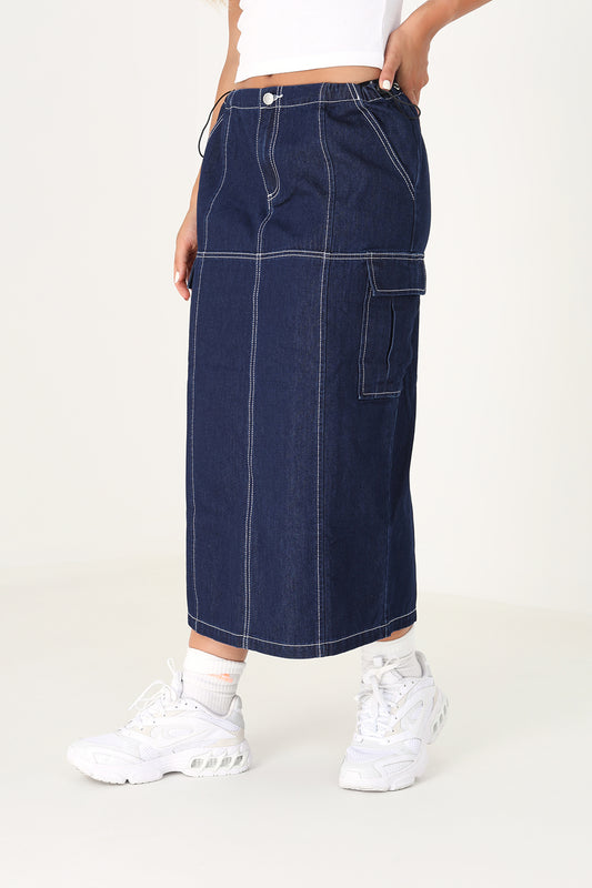 Brave Soul Indigo Denim Midi Skirt with Utility Pockets and Contrast Seams - Indigo Image 1