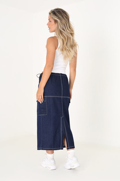 Brave Soul Indigo Denim Midi Skirt with Utility Pockets and Contrast Seams - Indigo Image 2