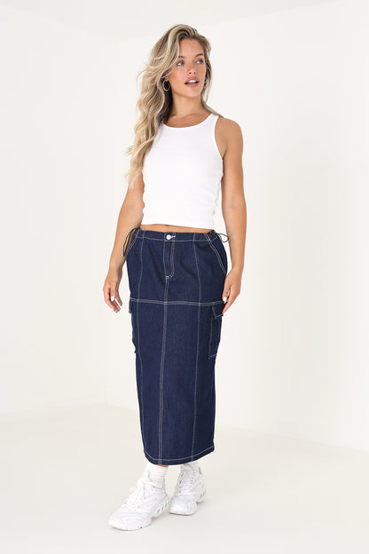 Brave Soul Indigo Denim Midi Skirt with Utility Pockets and Contrast Seams - Indigo Image 3