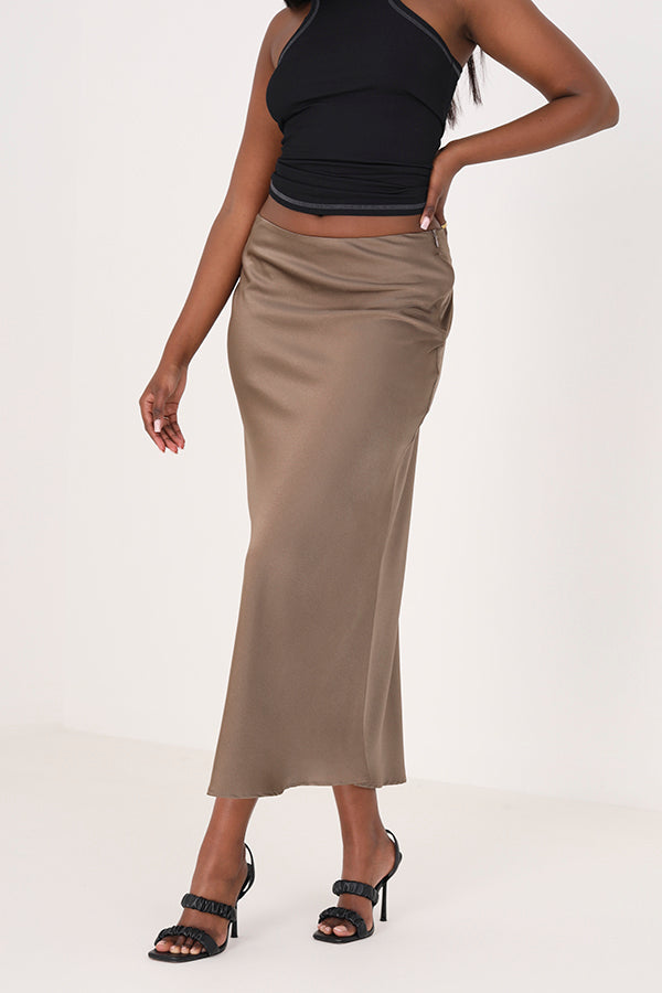 Brave Soul Khaki Satin Bias Cut Midi Skirt - Khaki Image 1