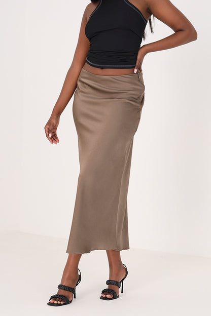 Brave Soul Khaki Satin Bias Cut Midi Skirt - Khaki Image 1