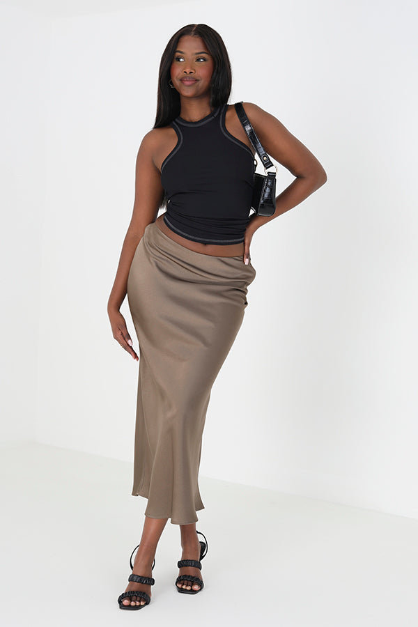 Brave Soul Khaki Satin Bias Cut Midi Skirt - Khaki Image 3