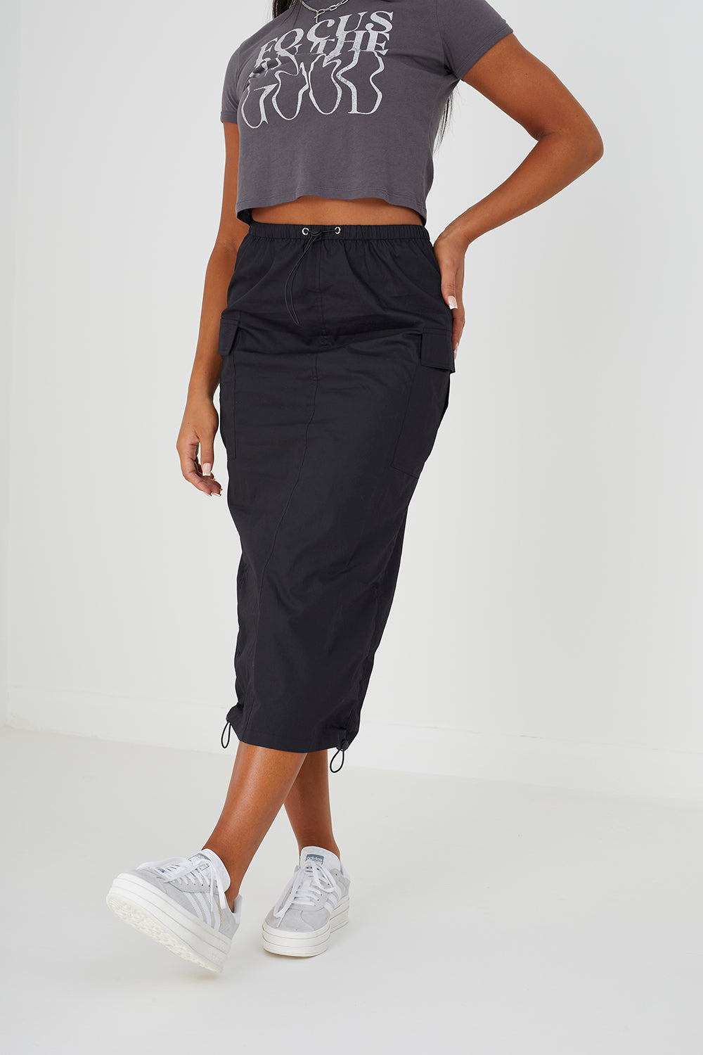 Brave Soul Black Cotton Maxi Parachute Cargo Skirt - Black Image 1
