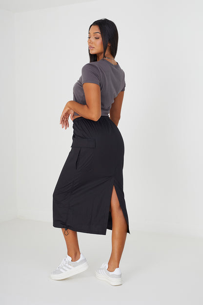 Brave Soul Black Cotton Maxi Parachute Cargo Skirt - Black Image 2