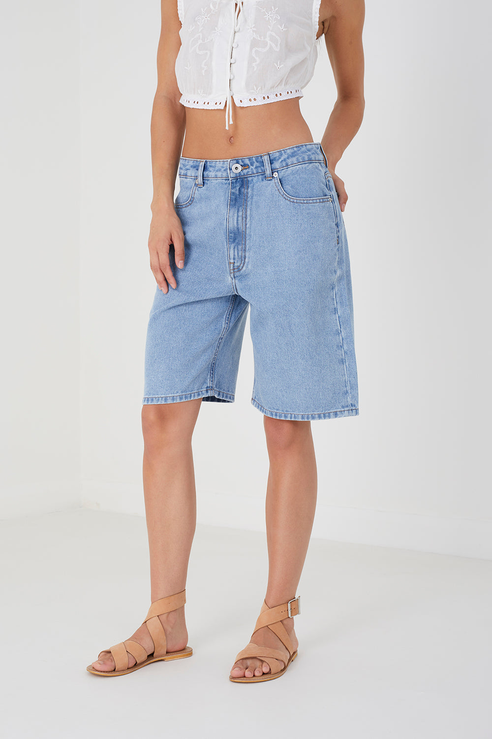 Brave Soul Mid Blue Longline Denim Shorts - Mid Blue Image 1