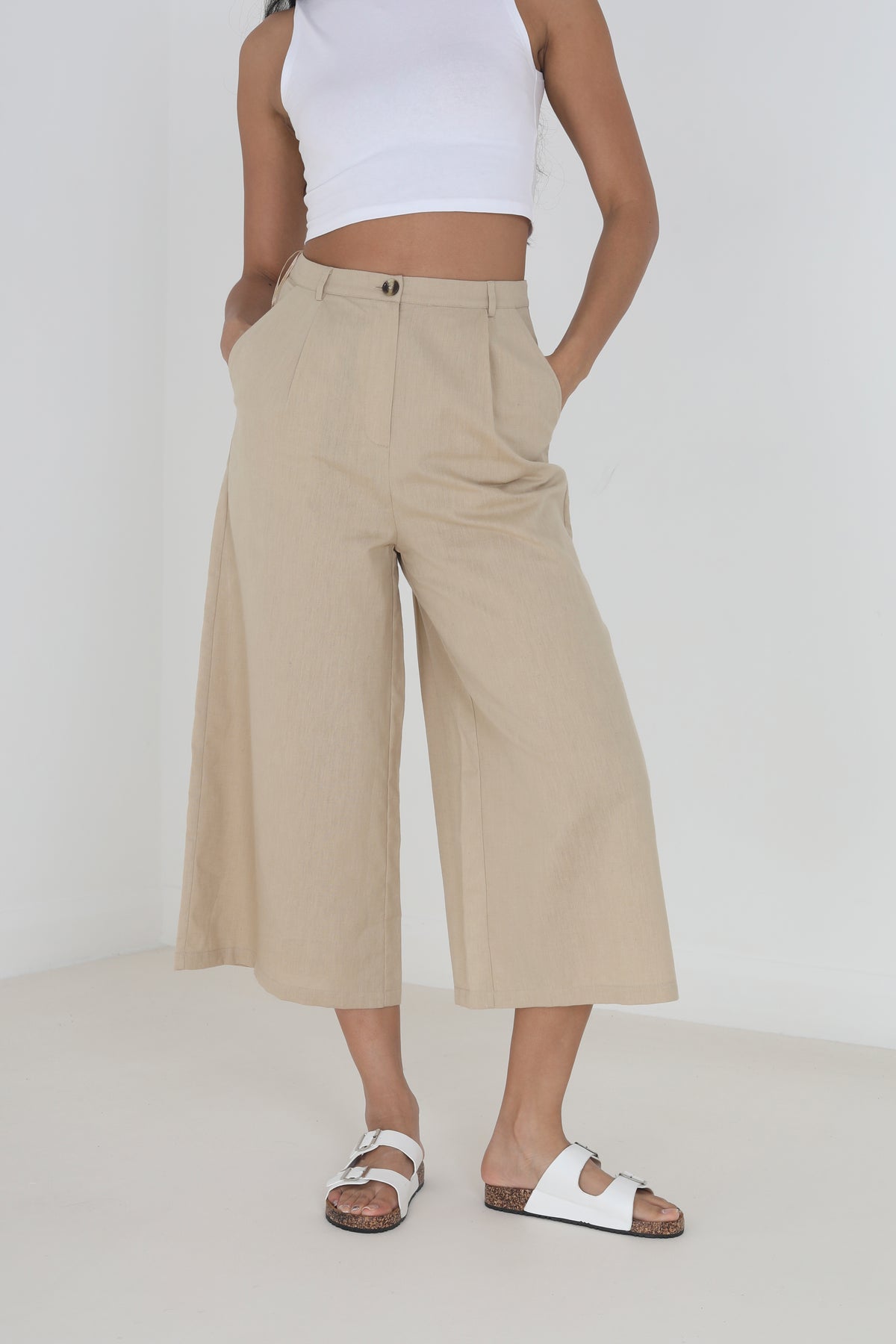 Brave Soul Light Sand Wide Leg Cropped Culotte - Light Sand Image 1