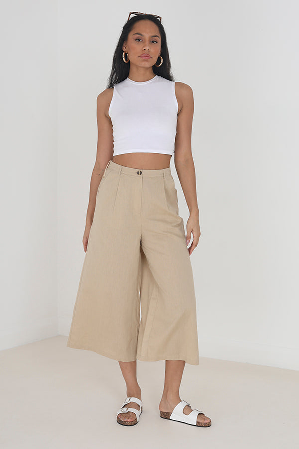 Brave Soul Light Sand Wide Leg Cropped Culotte - Light Sand Image 3