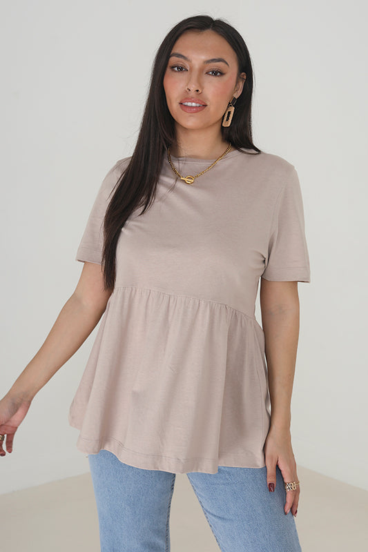 Brave Soul Taupe Smock Style Short Sleeve Top - Taupe Image 1