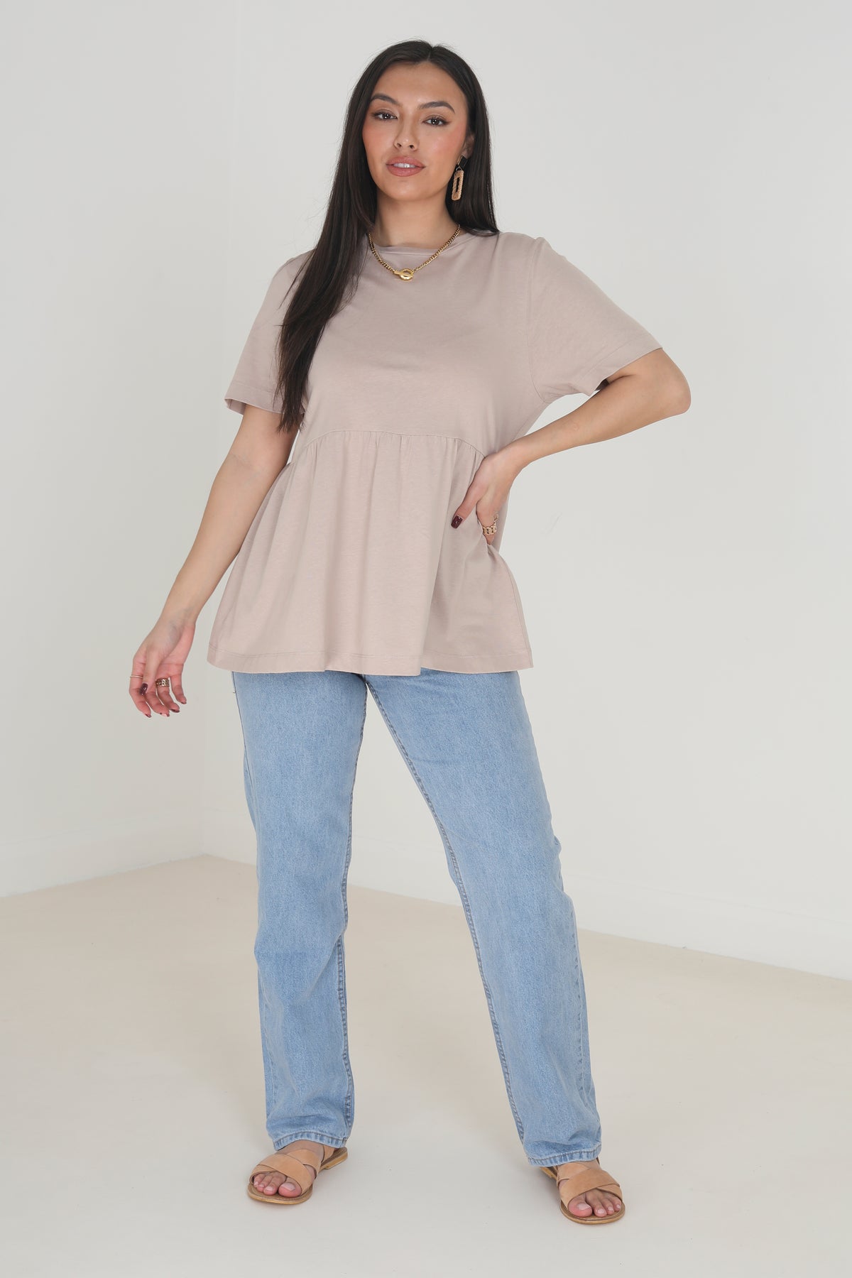 Brave Soul Taupe Smock Style Short Sleeve Top - Taupe Image 3