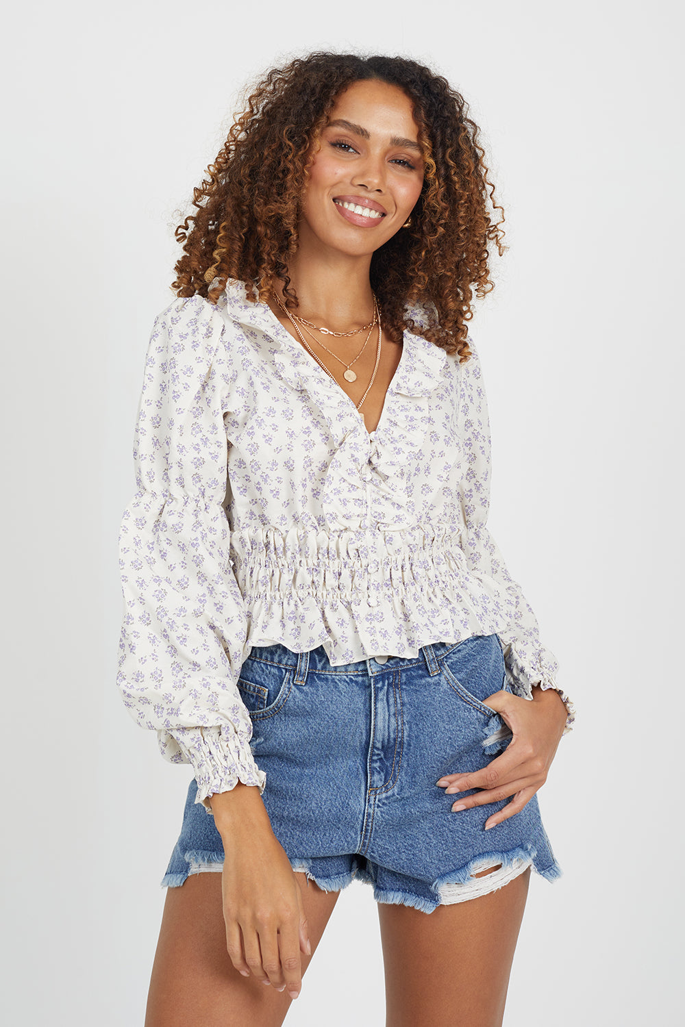 Brave Soul Purple V-Neck Frill Collar Top - Purple Image 1