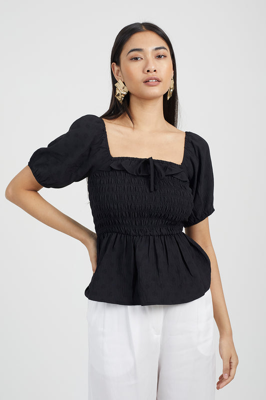Brave Soul Black Puff Sleeve Shirred Top - Black Image 1