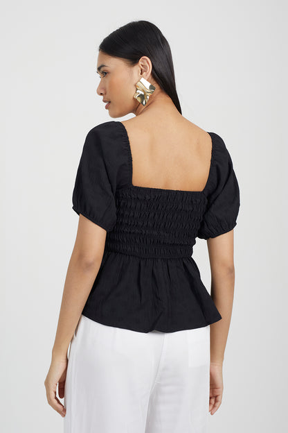 Brave Soul Black Puff Sleeve Shirred Top - Black Image 2