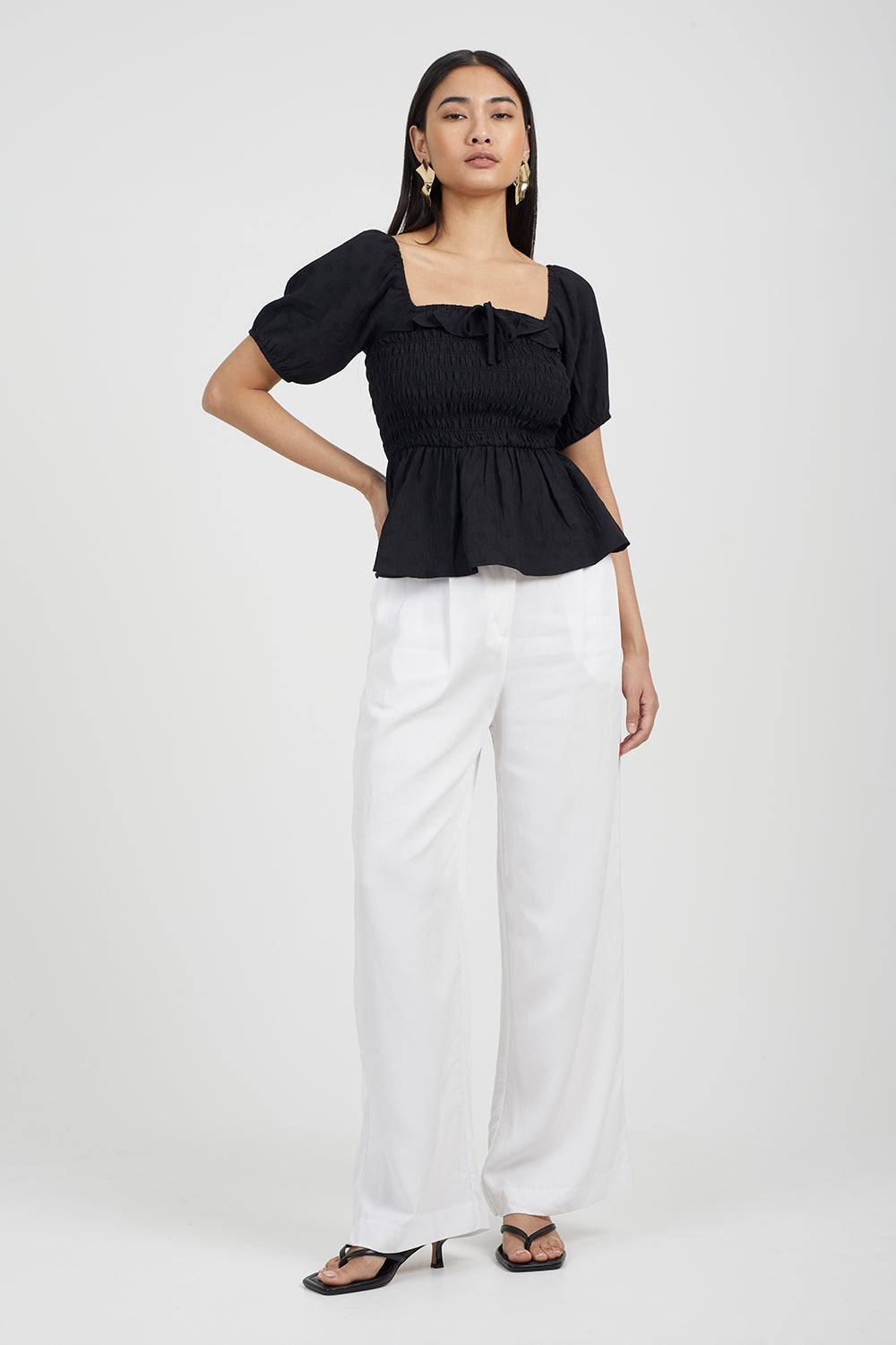 Brave Soul Black Puff Sleeve Shirred Top - Black Image 3