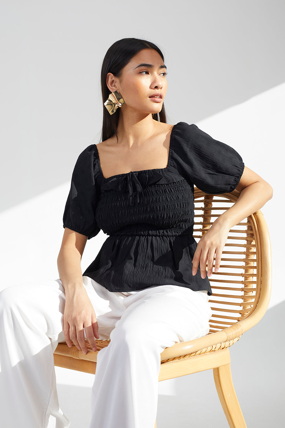 Brave Soul Black Puff Sleeve Shirred Top - Black Image 4