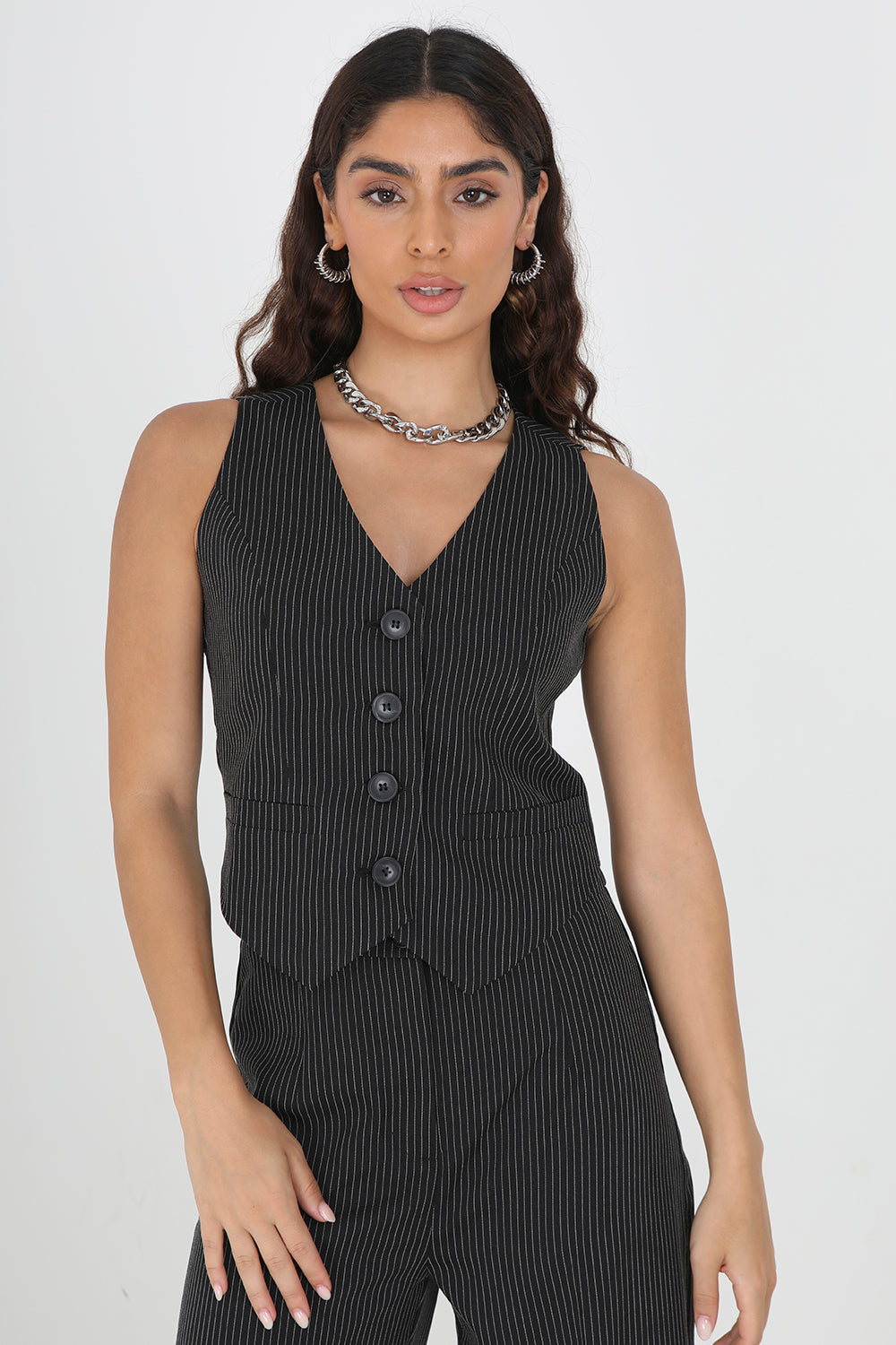 Brave Soul Black Tailored Pinstripe Waistcoat - Black Image 1