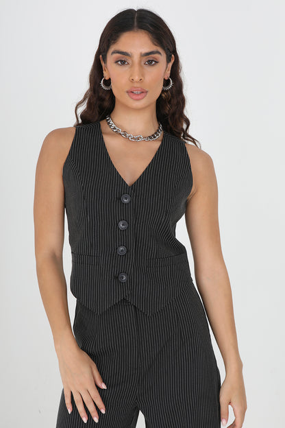 Brave Soul Black Tailored Pinstripe Waistcoat - Black Image 1
