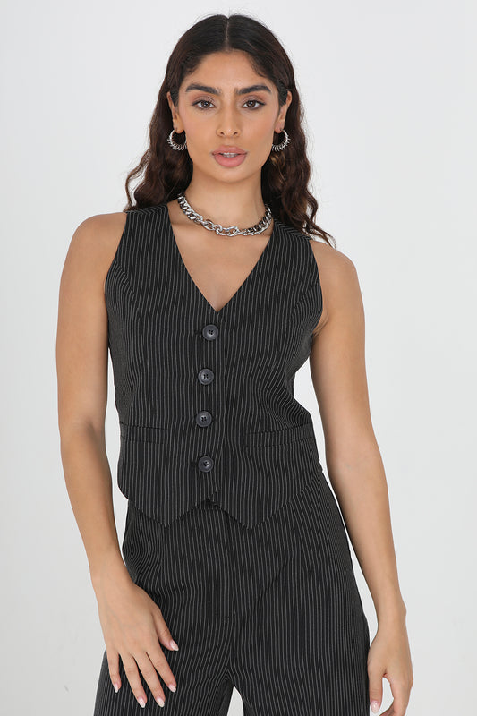 Brave Soul Black Tailored Pinstripe Waistcoat - Black Image 1