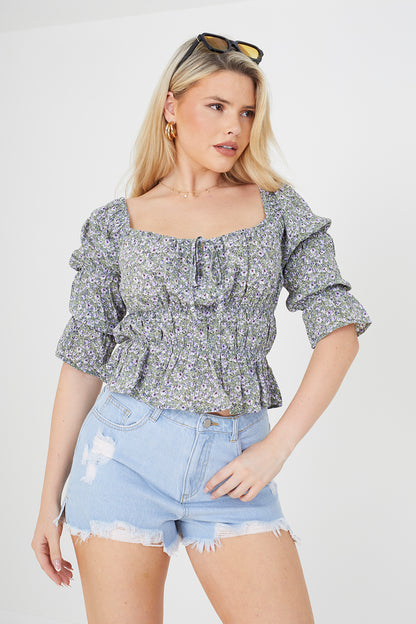 Brave Soul Pale Green Square Neck Ruched Top - Pale Green Image 1