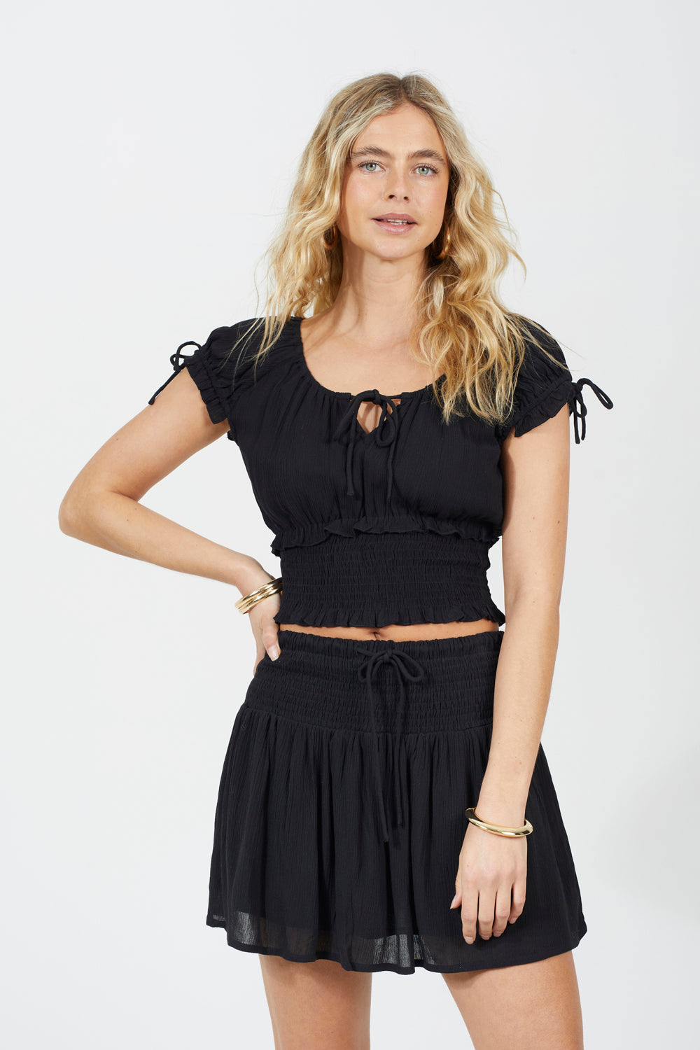 Brave Soul Black Tie Front Top With Ruched Waist - Black Image 1