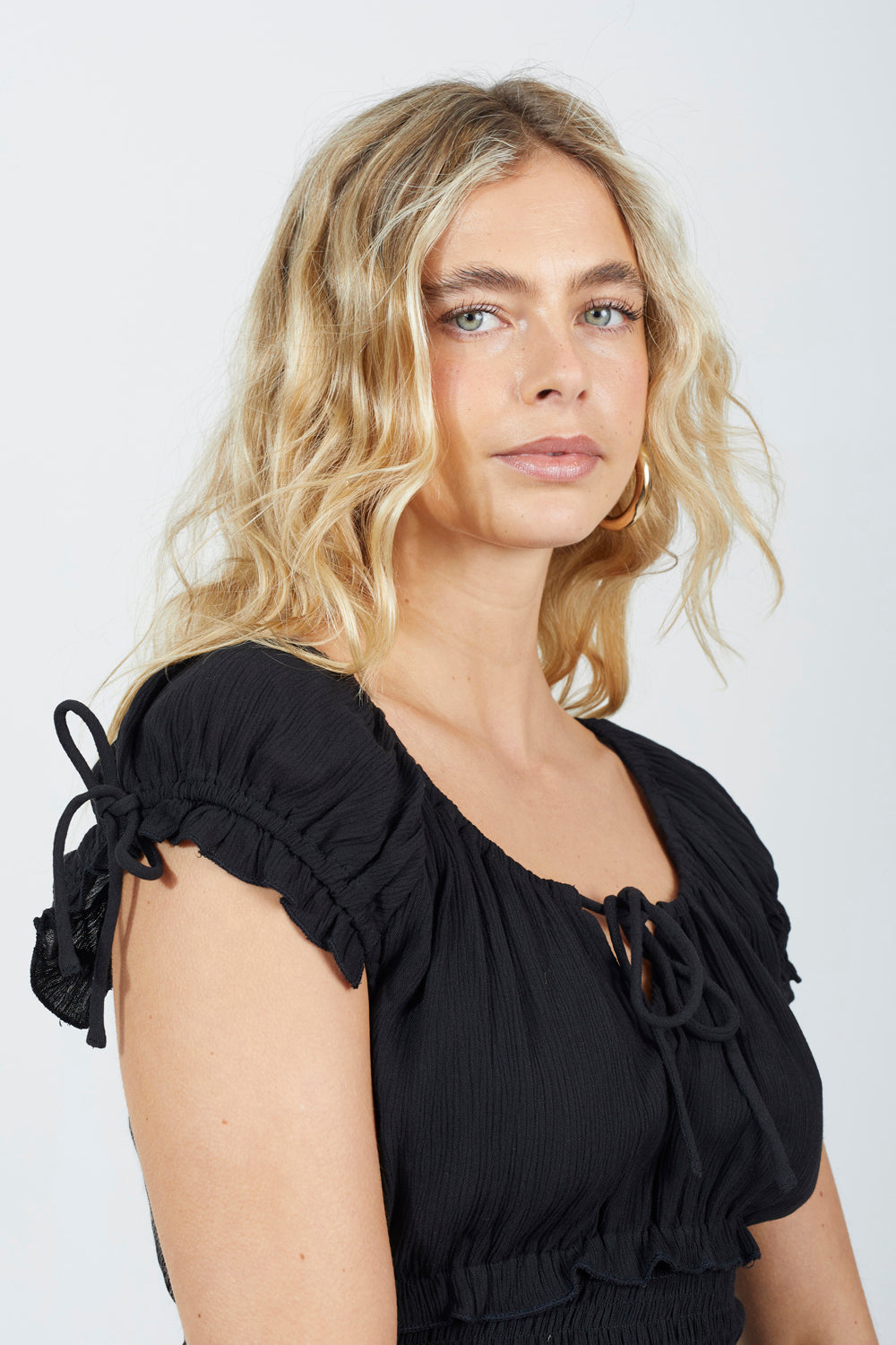 Brave Soul Black Tie Front Top With Ruched Waist - Black Image 4