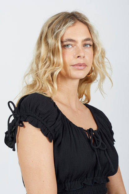 Brave Soul Black Tie Front Top With Ruched Waist - Black Image 4