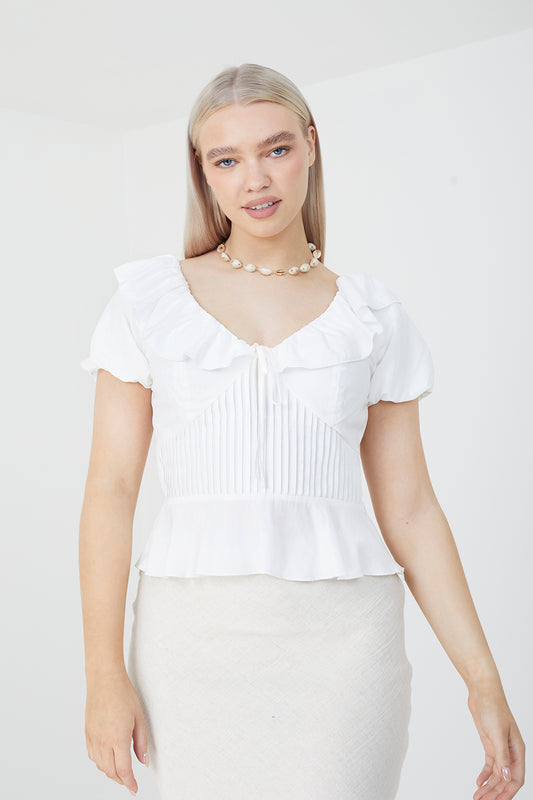 Brave Soul Off White Frill Collar Puff Sleeve Blouse - Off White Image 1