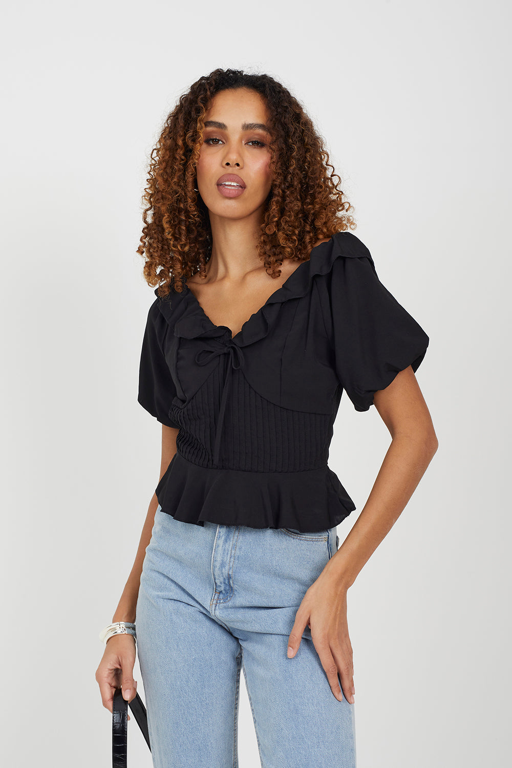 Brave Soul Black Frill Collar Puff Sleeve Blouse - Black Image 1