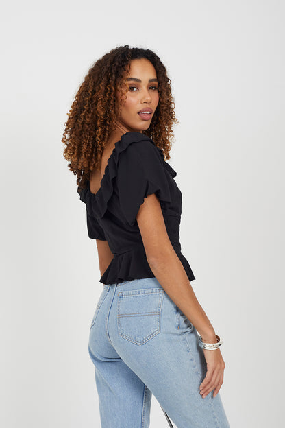 Brave Soul Black Frill Collar Puff Sleeve Blouse - Black Image 2