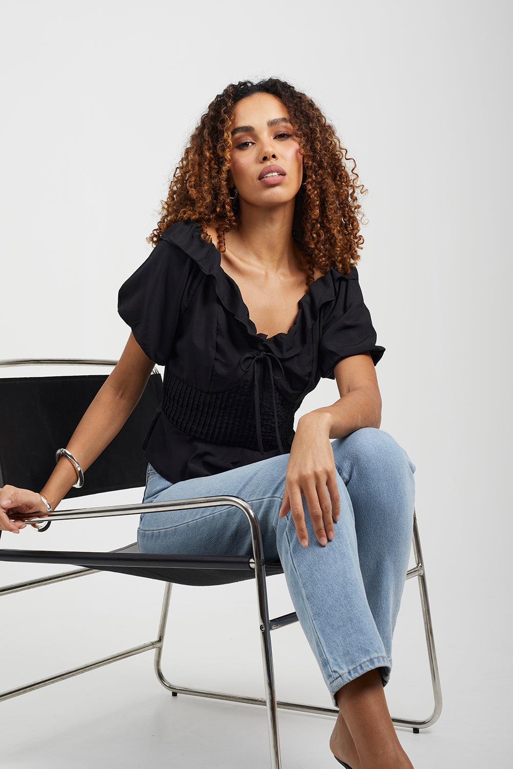 Brave Soul Black Frill Collar Puff Sleeve Blouse - Black Image 4