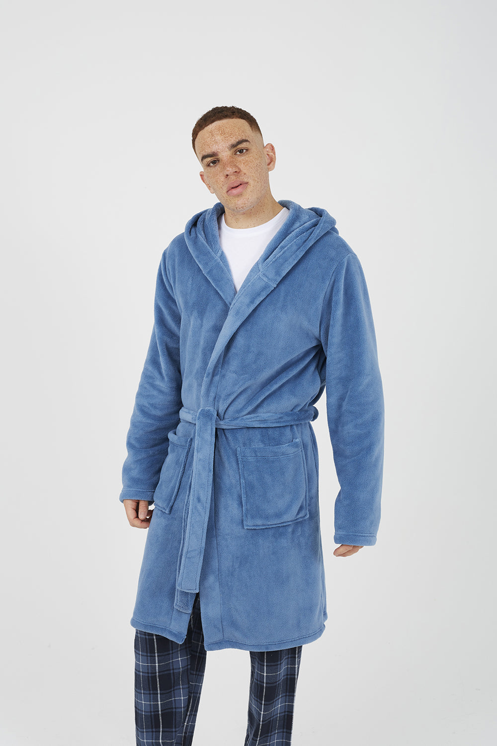 Brave Soul Blue Hooded Dressing Gown with Tie Belt - Blue Image 1