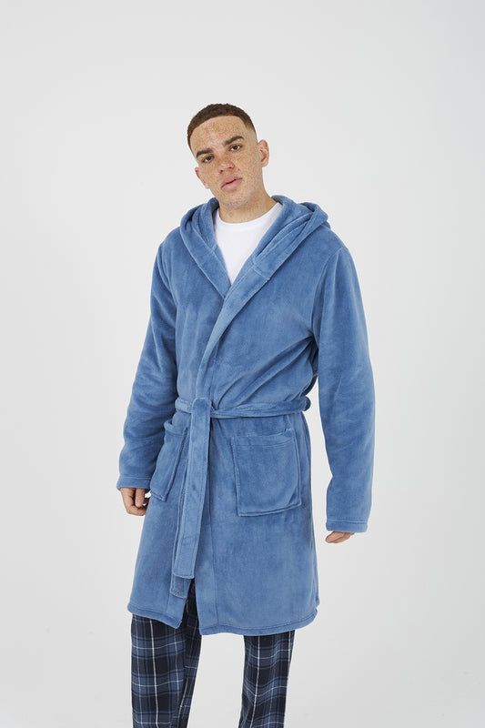 Brave Soul Blue Hooded Dressing Gown with Tie Belt - Blue Image 1
