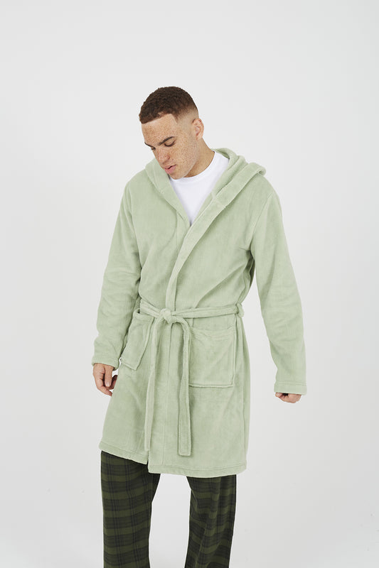 Brave Soul Pale Green Hooded Dressing Gown with Tie Belt - Pale Green Image 1