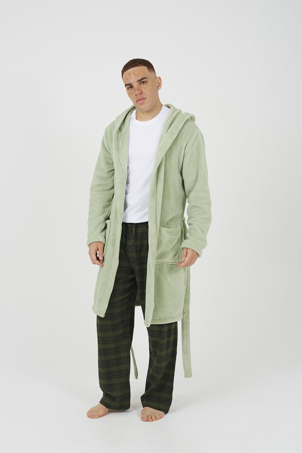 Brave Soul Pale Green Hooded Dressing Gown with Tie Belt - Pale Green Image 3