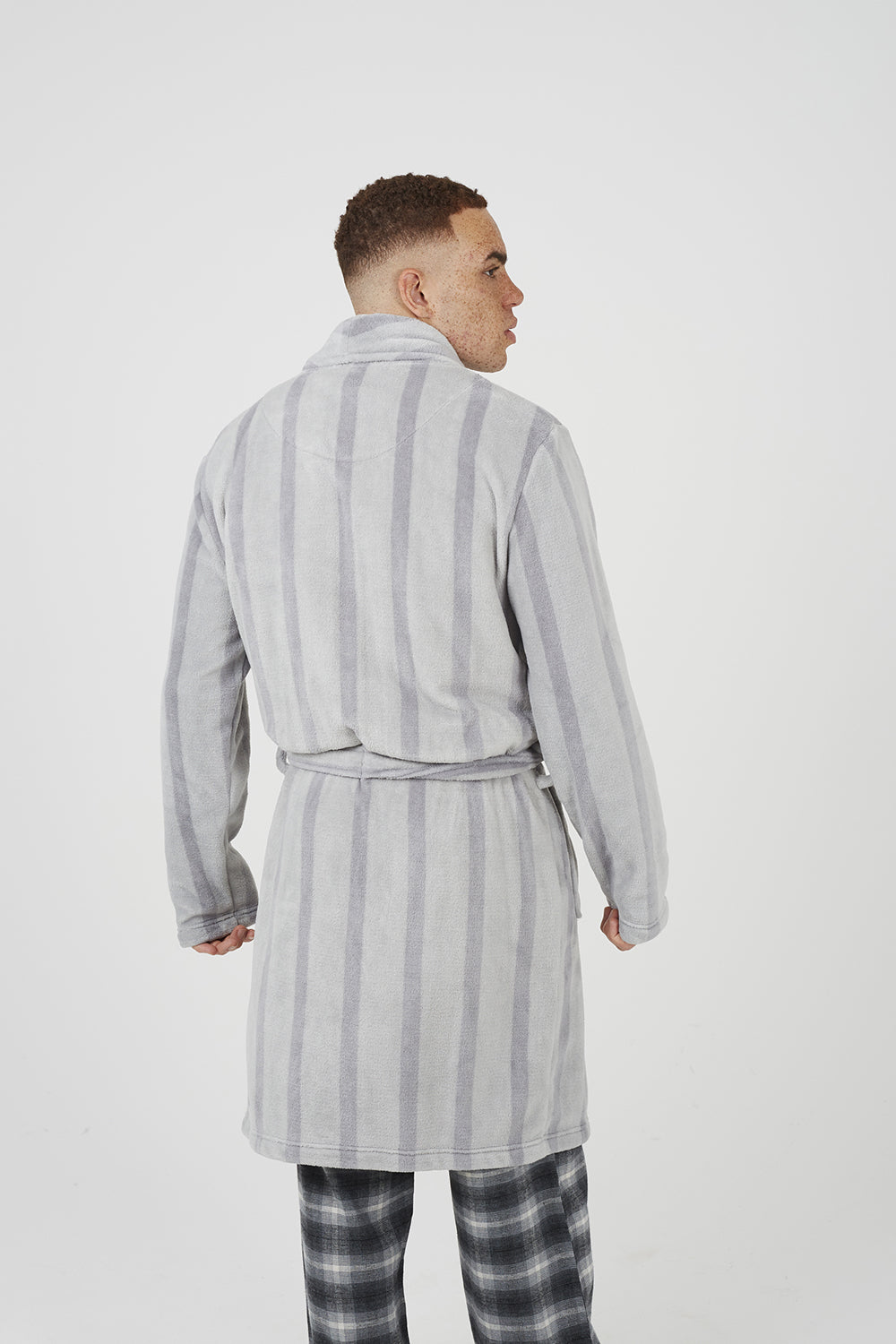 Brave Soul Grey Striped Long Length Sherpa Dressing Gown - Grey Image 2