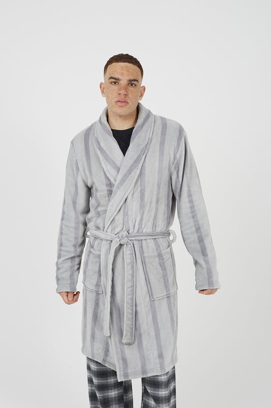 Brave Soul Grey Striped Long Length Sherpa Dressing Gown - Grey Image 1
