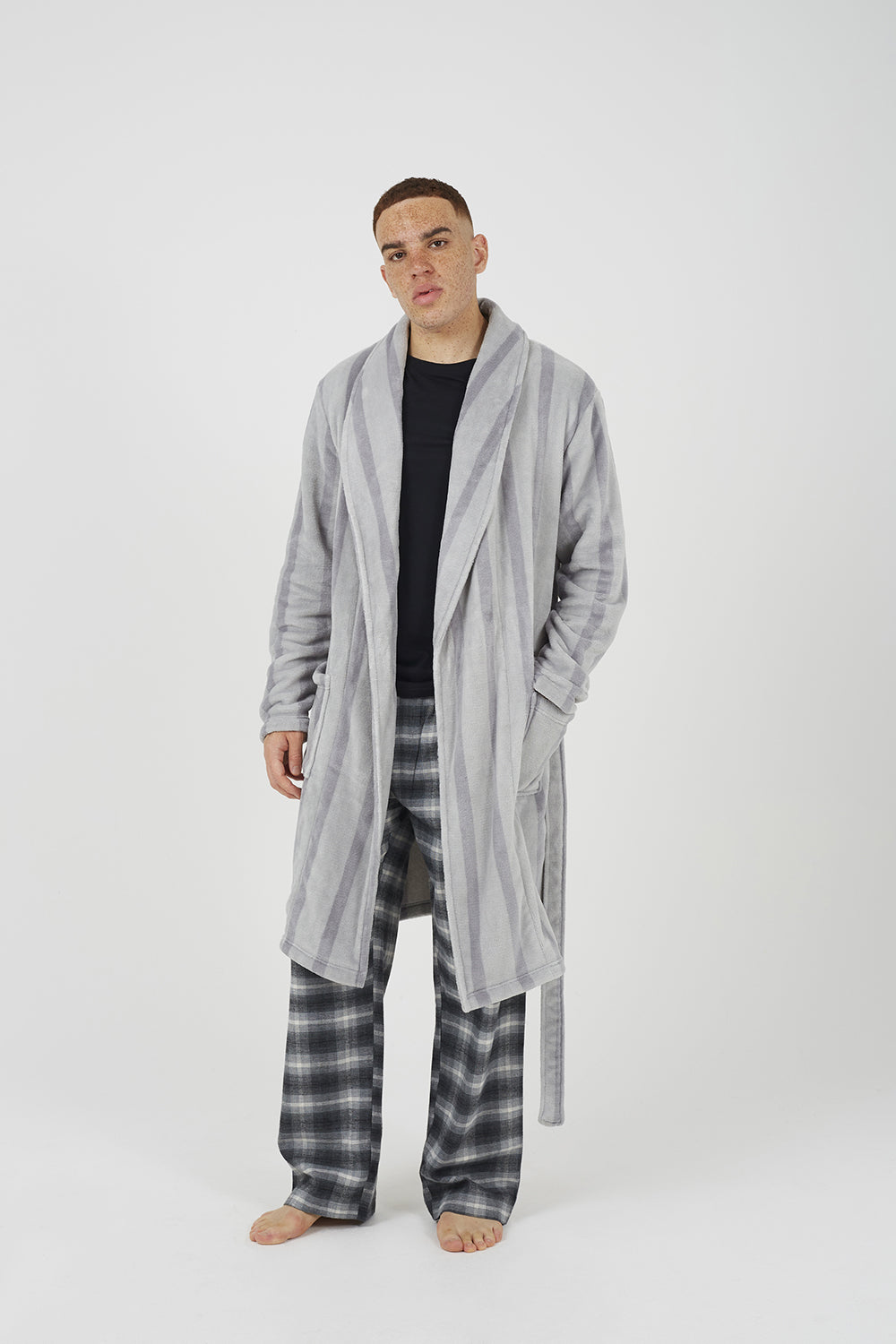 Brave Soul Grey Striped Long Length Sherpa Dressing Gown - Grey Image 3