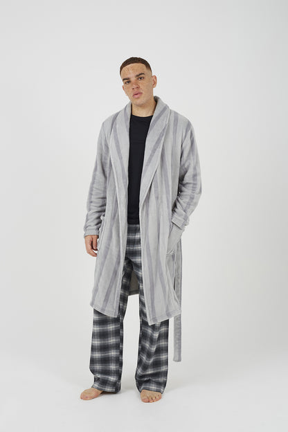 Brave Soul Grey Striped Long Length Sherpa Dressing Gown - Grey Image 3