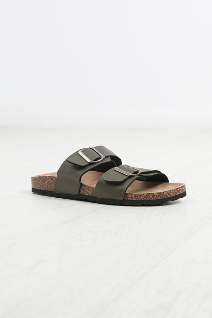 Brave Soul Khaki Faux Leather Buckle Strap Cork Sandals - Khaki Image 1