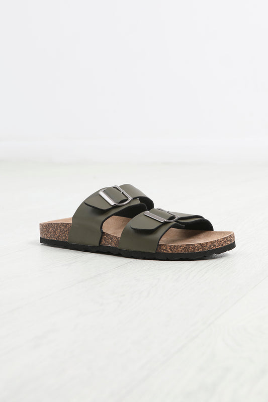 Brave Soul Khaki Faux Leather Buckle Strap Cork Sandals - Khaki Image 1